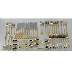 Alco Gold Tone Flatware Spoons Forks Knifes Hollywood Regency 49 Pcs